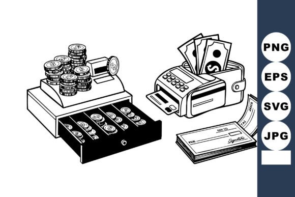 Cash Register Wallet Checks Line Art for Financial Graphics